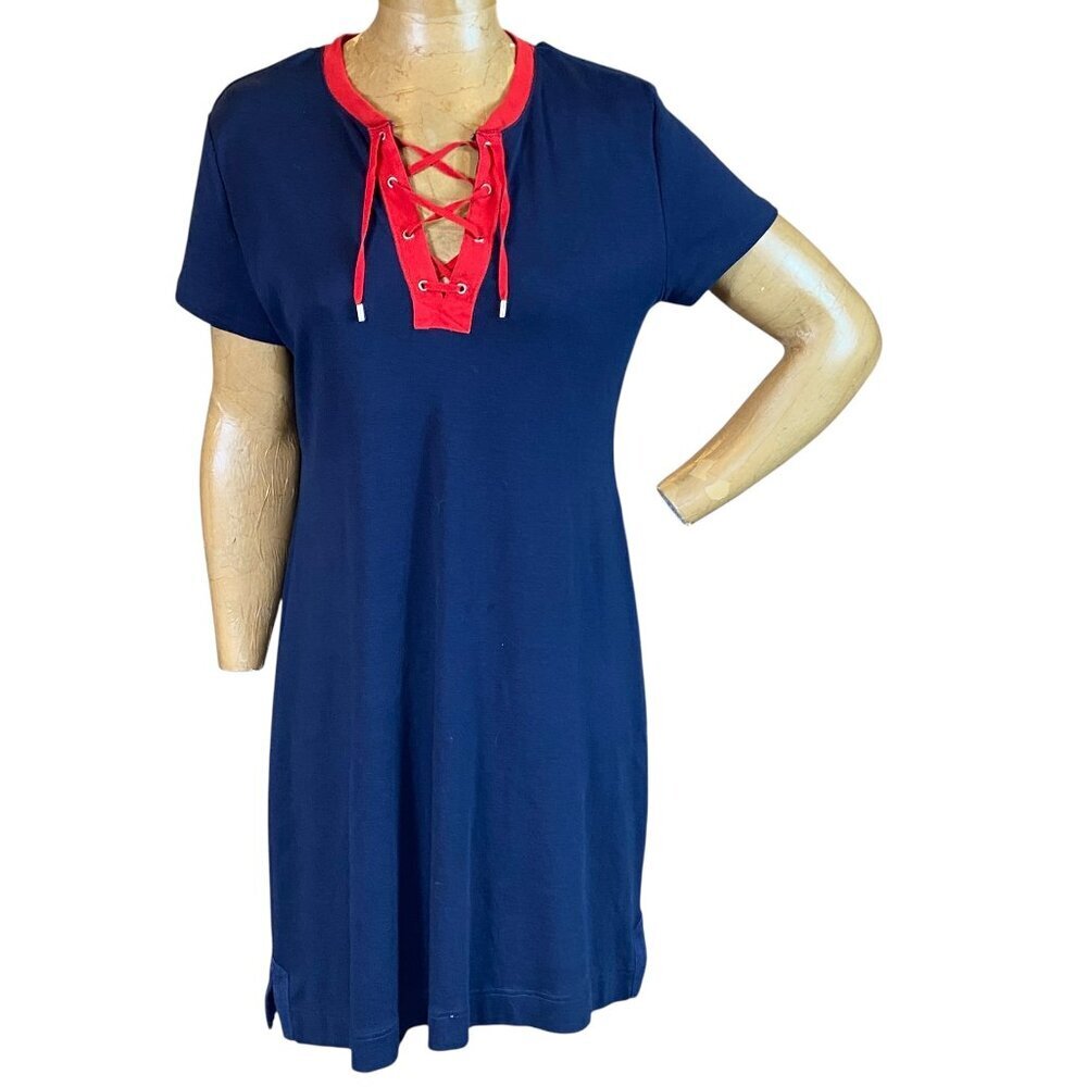 Ralph Lauren CHAPS Navy Blue‎ & Red Lace-up Cotton T-shirt Dress XL #175N